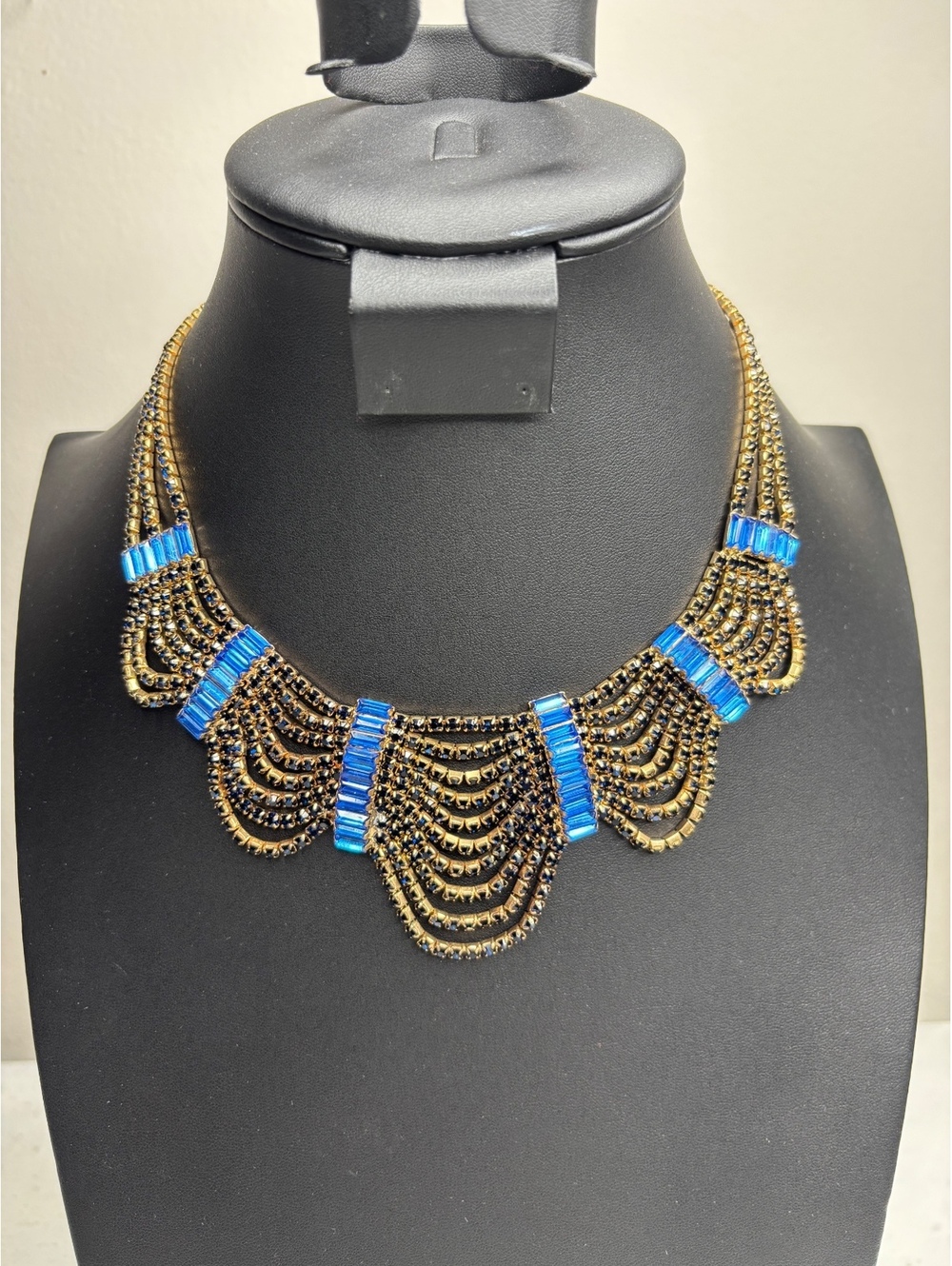 Vintage Victorian Revival 10-layer Indigo & Blue Baguette Rhinestone Bib Choker